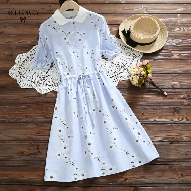 

Robe Femme Casual Short Sleeve Drawstring Summer Dresses 2019 Women Floral Embroidery Vintage Female Sundress Vestidos