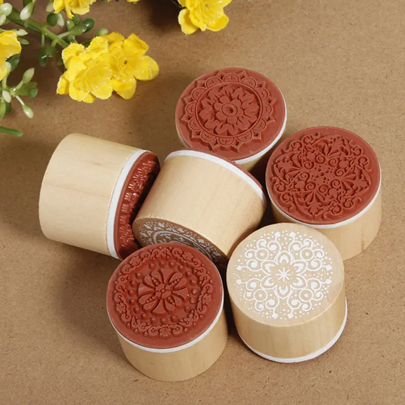 

6pcs/SET Assorted Retro Vintage Floral Flower Pattern Round Wooden Rubber Stamp Scrapbook DIY