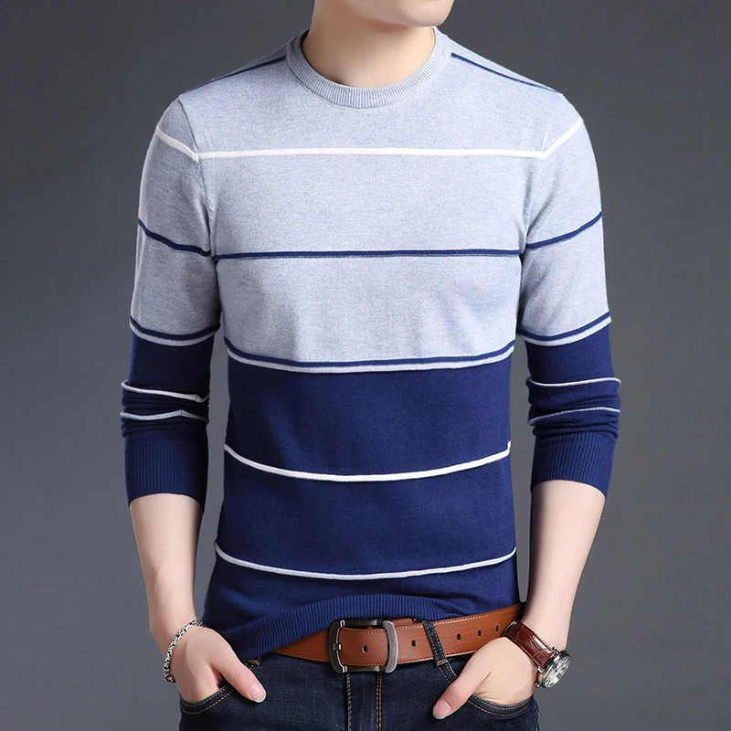 Cyose Fashion Autumn Fashion Casual Sweater O-Neck Striped Mens Sweaters Pullovers Men Contrast Color Knitwear New