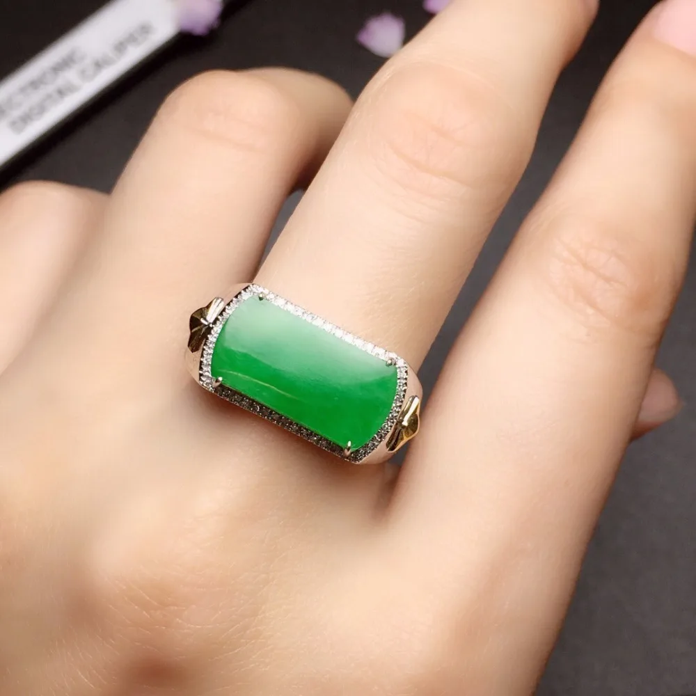 

Fine Jewelry 18K White Gold Real Natural Green Jade Burma Origin Wedding Engagement Female Rings for Women Fine Ring