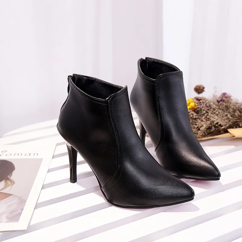 

2019 autumn new Korean version of pointed stiletto high heel Martin boots zipper women's boots black 0107