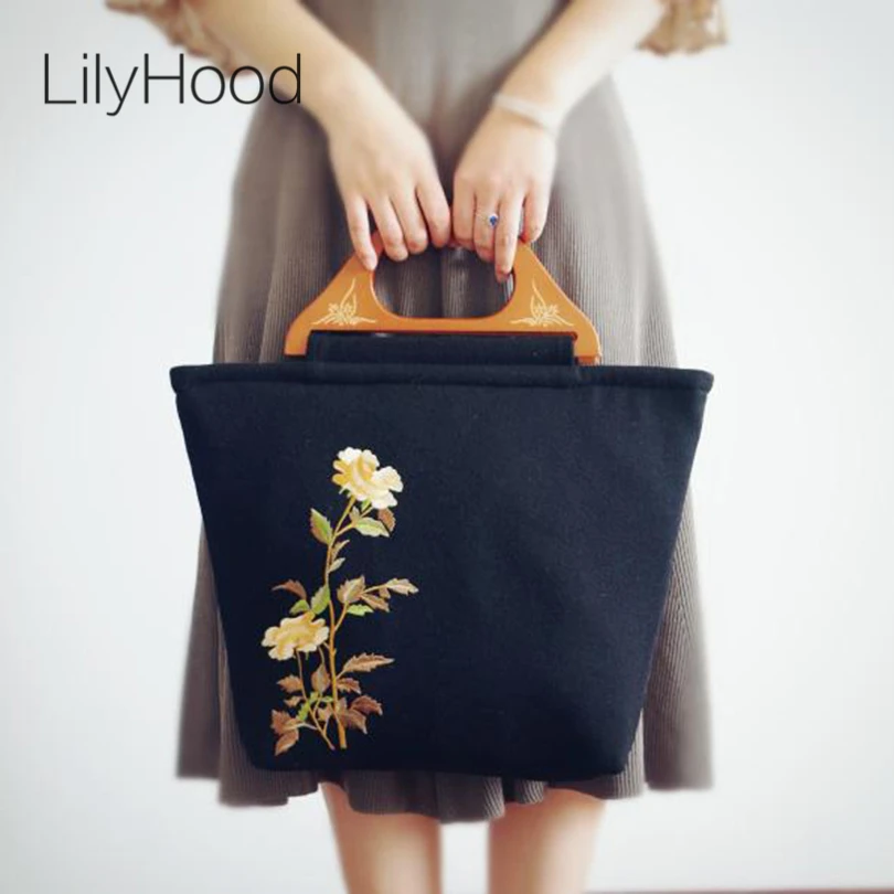 

LilyHood Handmade Embroidery Wool Tote Bags Female Victorian Retro Shabby Chic Elegant Everyday Big Shopping Bag Mother Gift