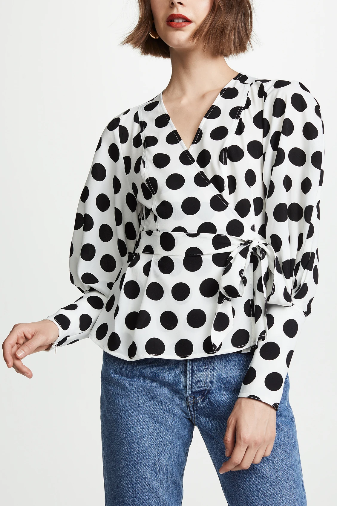 Рубашка в горошек с v-образным вырезом, на шнуровке, с рукавом-фонариком и поясом, тонкая элегантная короткая модная блузка высокого