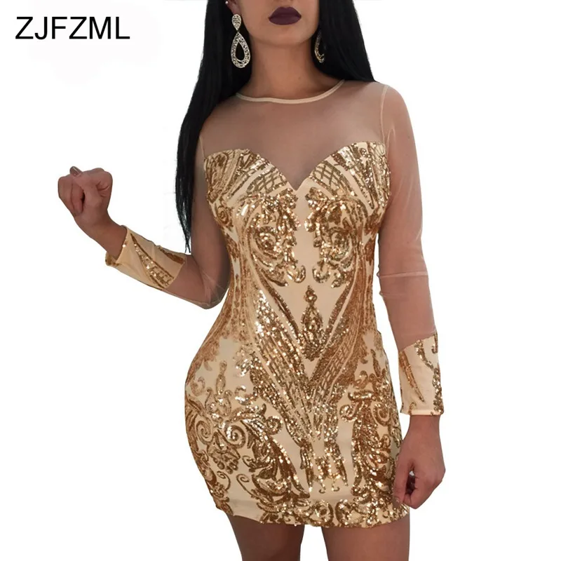 ZJFZML Sparkly Gold Sequined Sexy Bodycon Dress Women