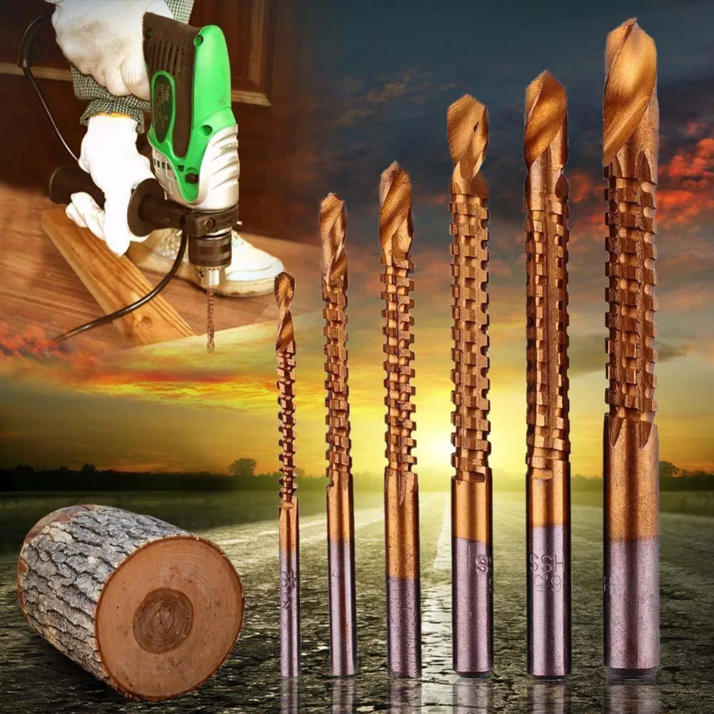 

6pcs Professional Titanium Coated HSS Drill Bit Electric Drill Plastic Metal Hole Grooving Drill Saw Carpenter Woodworking Tools