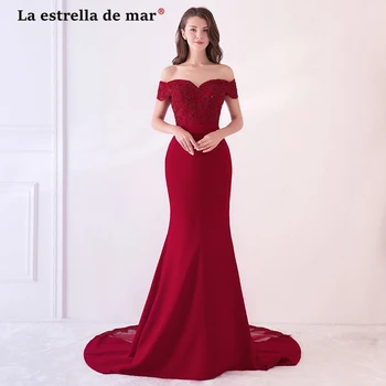 

La estrella de mar robe rose demoiselle d'honneur2018 lace Boat NeckShort sleeve sexy mermaid burgundy bridesmaid dresses long