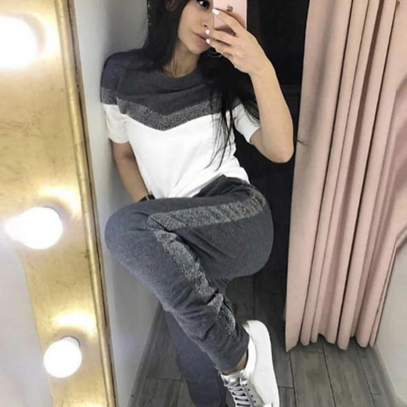 Cena ToLugui letni zestaw damski z krótkim rękawem strój sportowy patchwork o neck t shirt + spodnie 2 częściowy zestaw dres dla kobiet dresy