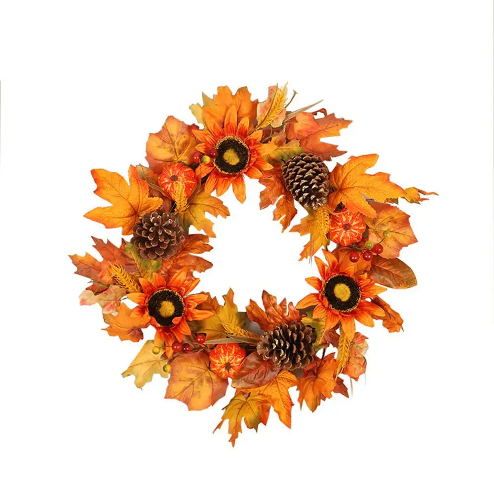 

2019 Halloween Winter Front Door Decorative Wreath With Maple Leaf Pumpkin Pinecone Red Berries Garland