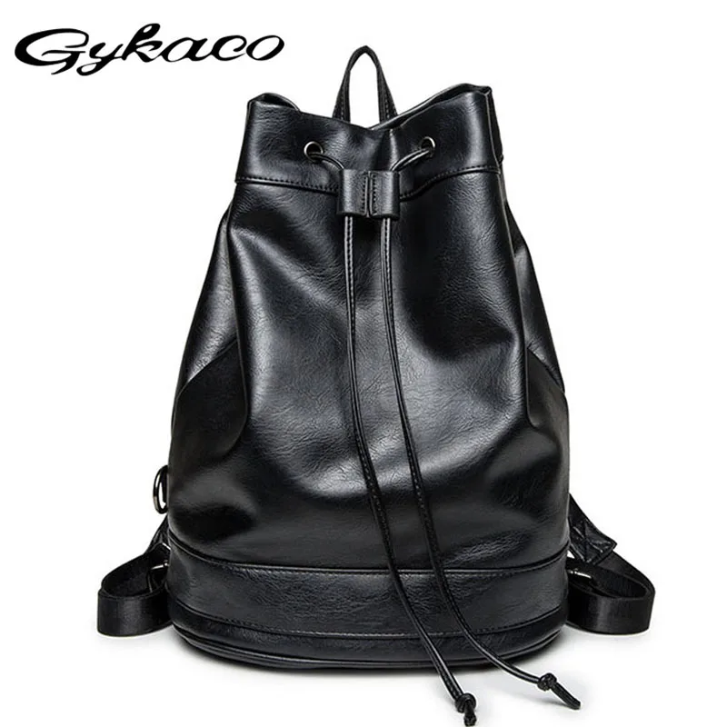 

High quality leather men string backpacks high school college student fashion bucket backpack famous brand pulling rope backpack
