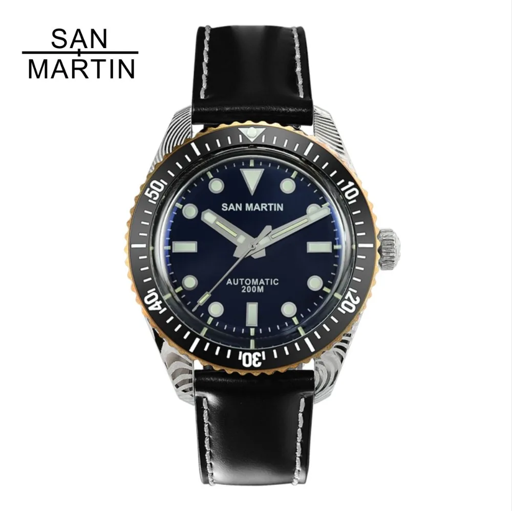 

San Martin Men Damascus Diving Watch Swiss Automatic Movement Watch 200 Water Resistant Bronze Ring Retro Wristwatch Sixty-Five