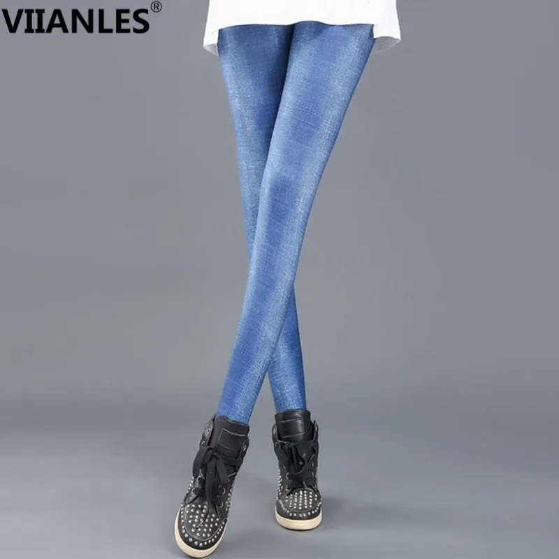 

VIIANLES Fashion Slim Women Leggings Faux Denim Jeans Leggings Blue Sexy Printing Summer Leggings Casual Pencil Pants Dropship