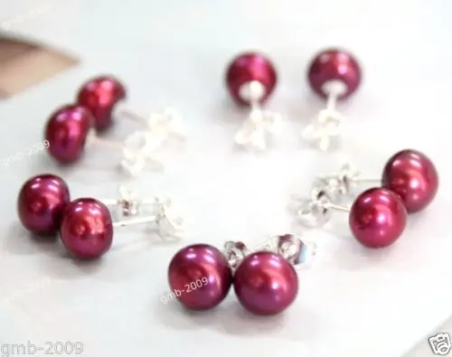 

HOT SELL - Hot sale new Style >>>>5 Pairs Natural 7-8mm Fuchsia Freshwater Pearl 925 Sterling Silver Stud Earrings -Top quality