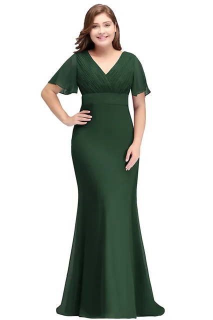 SALE Plus Size Long Red Evening Dresses Women Birthday Gift Mermaid Chiffon Party Robe Engagement Elegant V-neck Short Sleeves Dark Green
