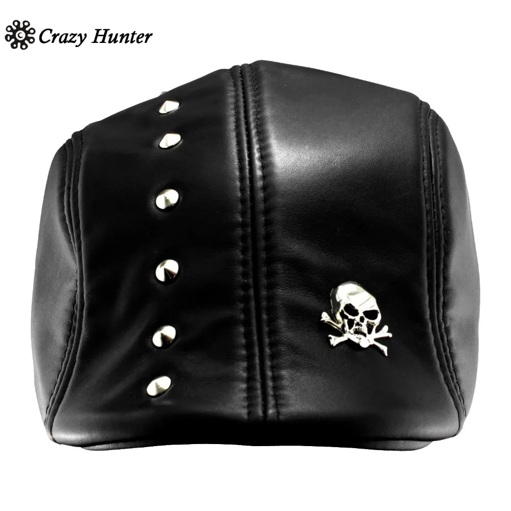 Men Leather Flat Ivy Cap Newsboy Gatsby Golf Biker Rock Caps Studdedin