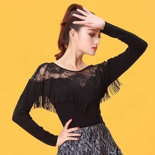 Сексуальная одежда для бальных танцев, современный кружевной топ для латинских танцев для женщин/девушек, одежда для танцев с длинным рукавом и круглым вырезом YE0205