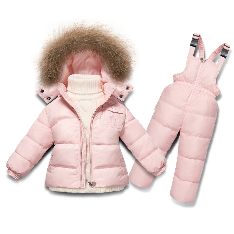 

2pcs/set waterproof Snowsuit winter snow wear hooded Natural fur girls boys outwear white down jackets thermal jumpsuits jackets