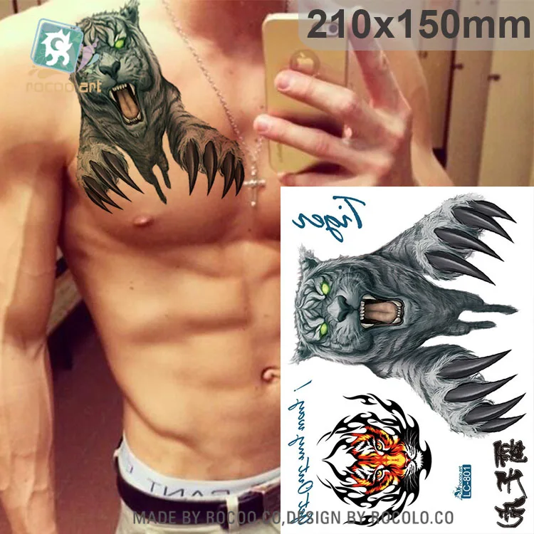 

Rocooart Black Bear Tattoo King Tiger Fake Tattoo Large Tatuajes Body Art Temporary Tattoo Stickers For Men Shoulder Bust Taty
