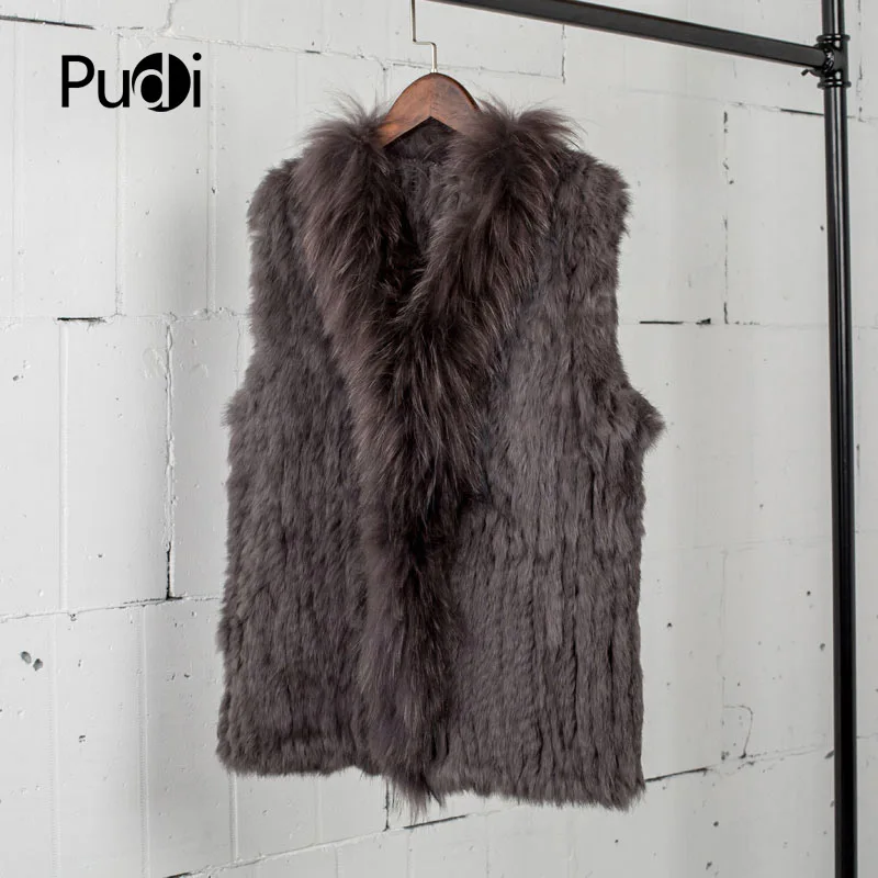 Koop VT7008 Gratis Verzending Womens Natuurlijke Echt Konijnenbont Vest Met Wasbeer Bontkraag Vest Jassen Konijn Gebreide Winter
