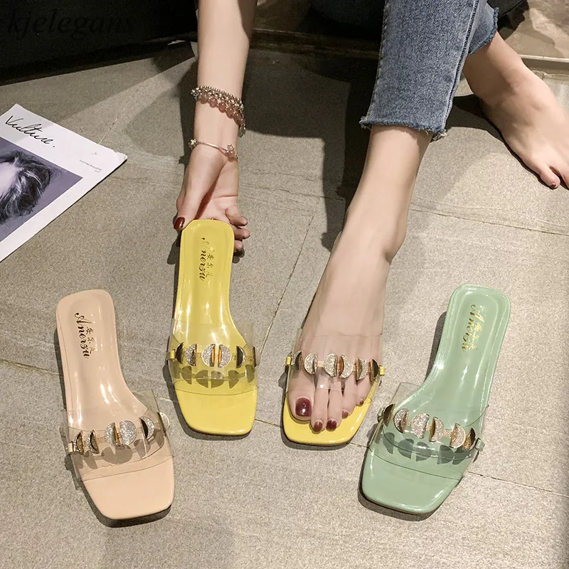 

Kjelegans 2019 summer shoes dress square head women slippers Transparent vamp outdoor chunky mid-heels slides zapatos de mujer