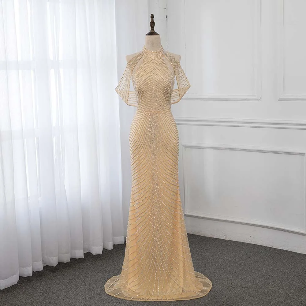 

YQLNNE 2019 High Neck Gold Beading Evening Dress Long Prom Gown Robe De Soiree Mermaid Dresses