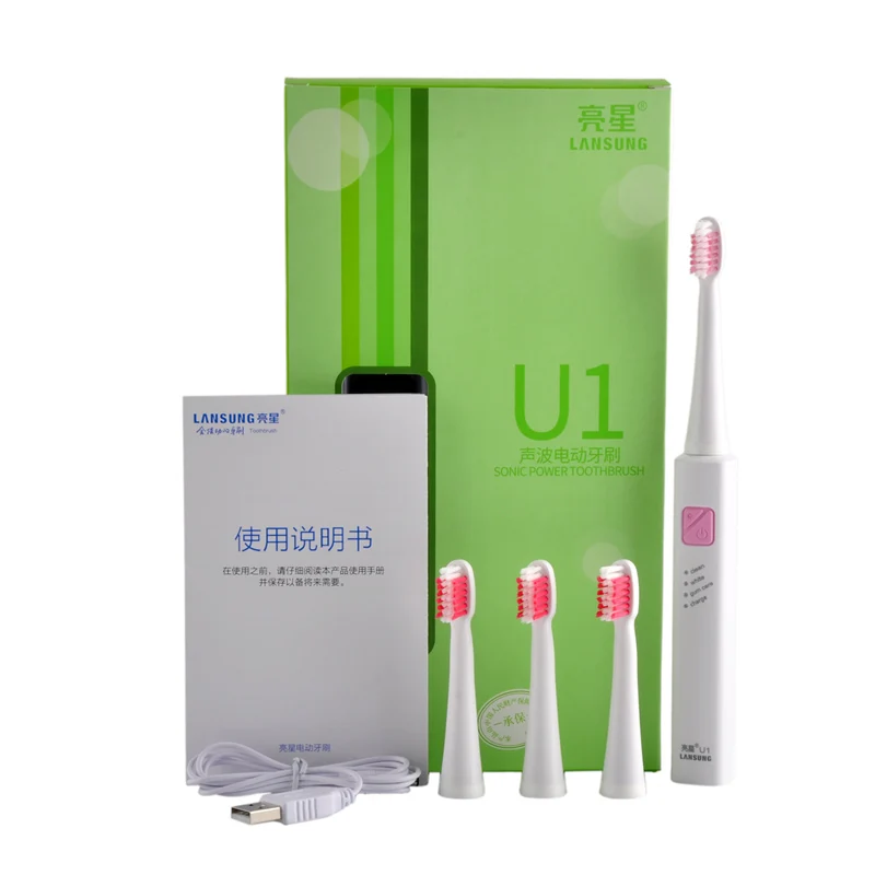 LANSUNG U1 ультра звуковая электрическая зубная щетка, USB зарядка, перезаряжаемые зубные щетки с 4 сменными головками, щетка с таймером - Цвет: Pink