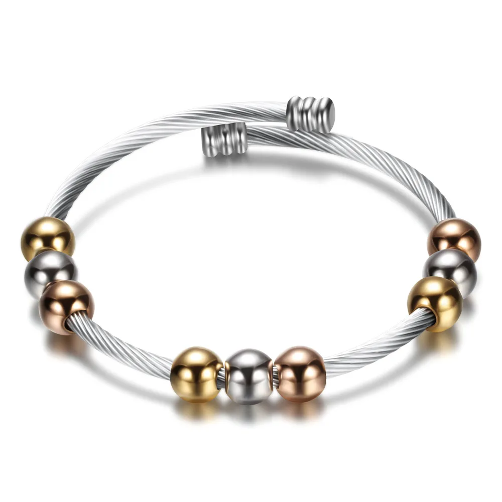 

Fashion Colorful Beads Bracelets Creative Women's Cross Stainless Steel Cable Stretch Bangles Female Hand Chain Jewelry Gifts