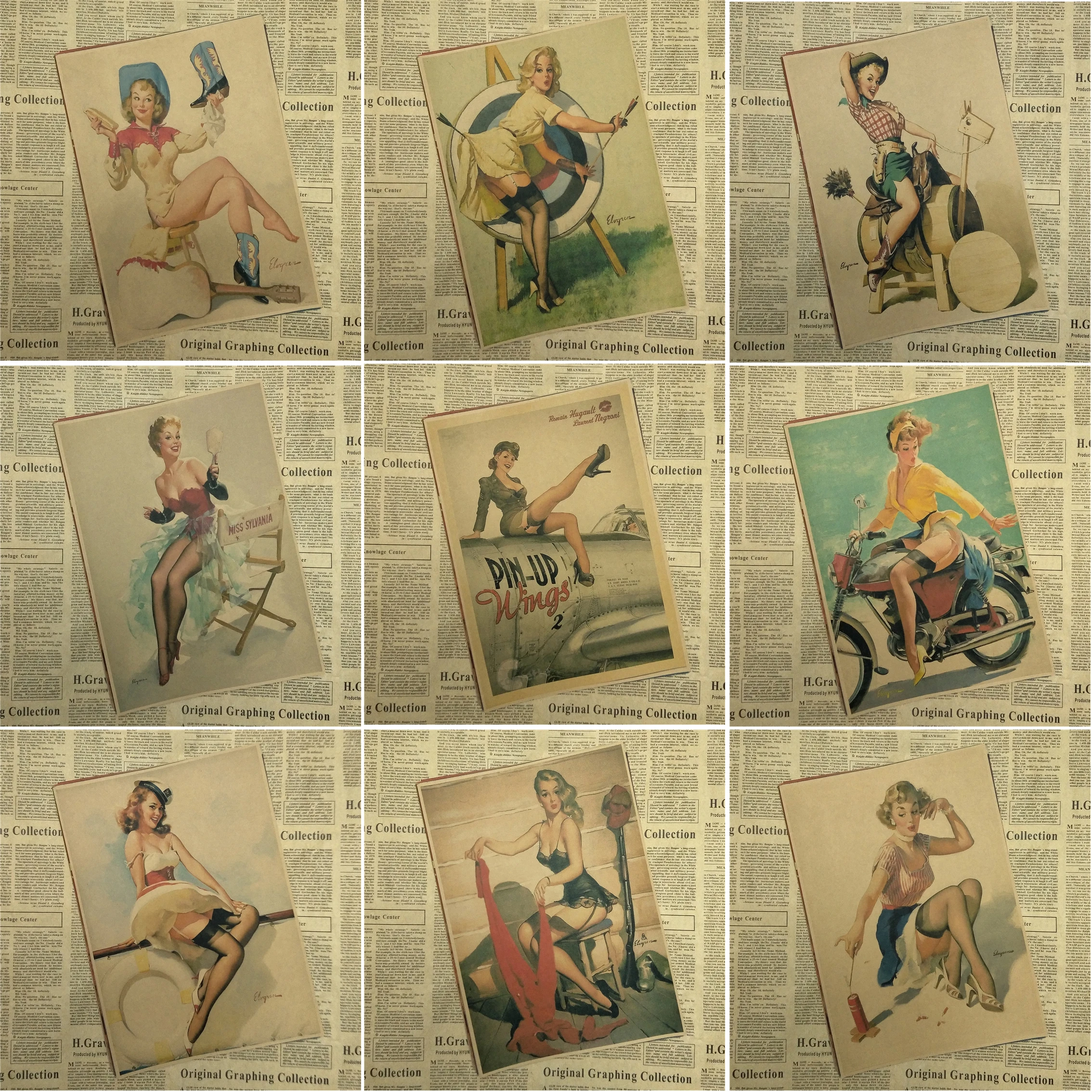 

PINUP GIRLS World War II Vintage Kraft Paper Classic Poster Bar Cafe Living Room Dining room Wall Decorative Paintings Part 2