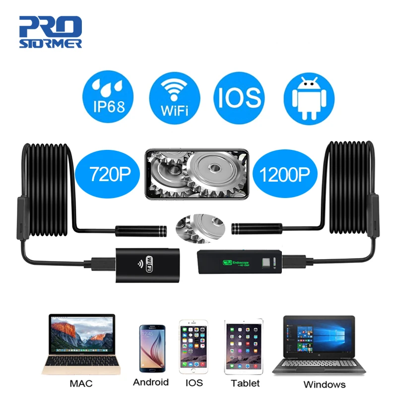 

PROSTORMER 8mm Wifi Endoscope Camera 720/1200P Borescope Softwire Waterproof Mini Endoscopio for Android iphone 2/3.5/5/10M 3