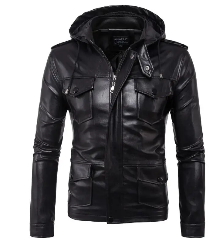 

Personalized motorcycle mens leather jacket slim coat Multi-pocket jackets jaqueta de couro stage street rock fashion Hooded