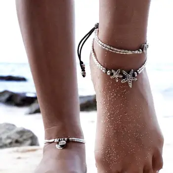 Star Fish Ankle Bracelet Vintage Silver Beaded Anklet For Women Enkelbandje Foot Jewelry Bohemian Barefoot Beach Boho Jewelry