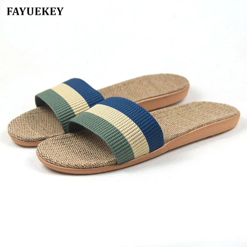

FAYUEKEY Fashion Summer Home Striped Linen Non-slip Breathable Slippers Men Indoor\Floor Beach Boys Open-Toed Slippers Shoes