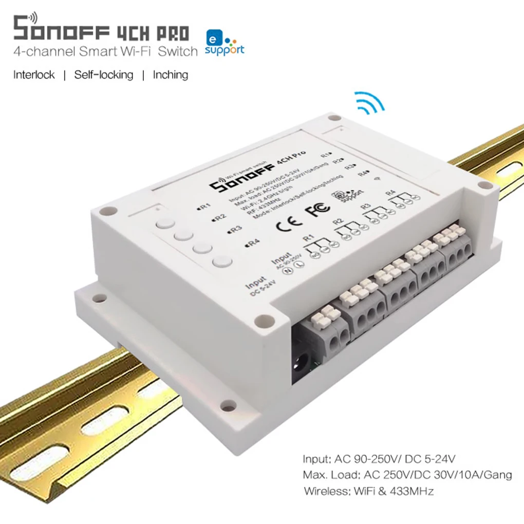 

Sonoff 4CH Pro 4 Gang 433MHZ Mounting Wireless Control WIFI Smart Switch Home Light Alexa Remote 10A