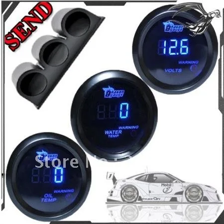 

2" 52mm BLUE DIGITAL WATER TEMP +OIL TEMPERATURE +VOLT GAUGE METER +1 PCS TRIPLE DASH GAUGE HOLDER MOUNT POD