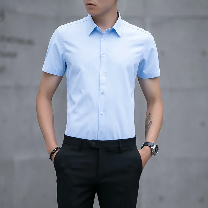 Мужская рубашка Новое поступление брендовая мужская летняя деловая рубашка с коротким рукавом модные рубашки мужская одежда большой размер 5XL - Цвет: Небесно-голубой