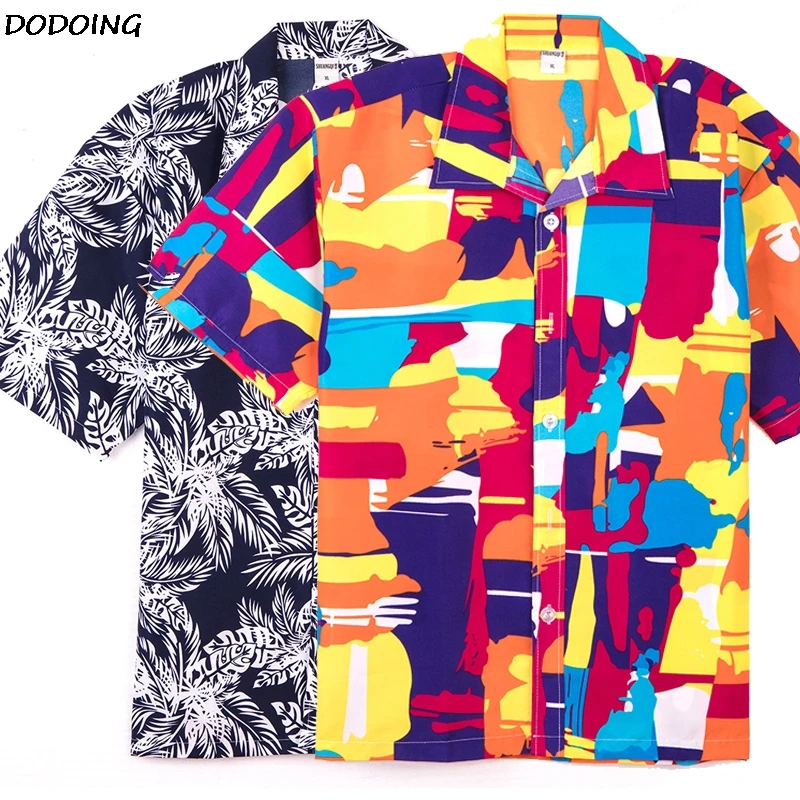 DODOING Summer Beach Leaves Colorful Printing Short Sleeve Slimming Men Shirts 2019 Brand Fashion Designer High Quality Fit Tops