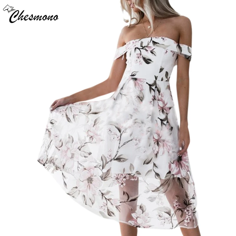 

Off shoulder flower print mesh summer dress women Elegant high waist mini dress Slim Waist Swing Cocktail party dresses spring