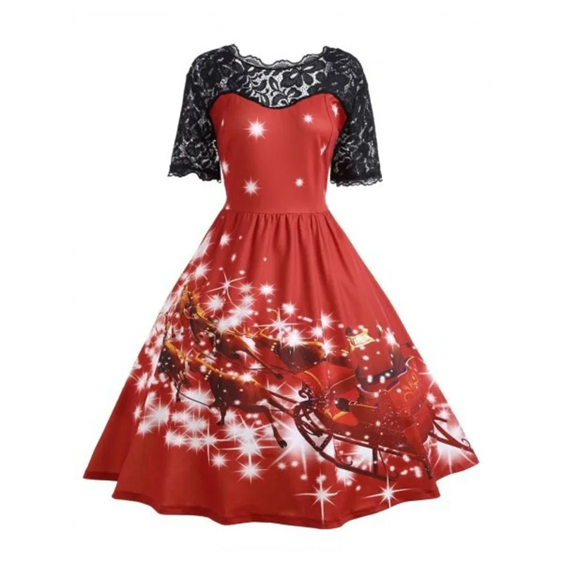 

Christmas Dresses Woman 2018 New Arrival Party Festival Patchwork Lace Printed Eyegemix Vintage Dress Plus Size 5XL 4XL Midi