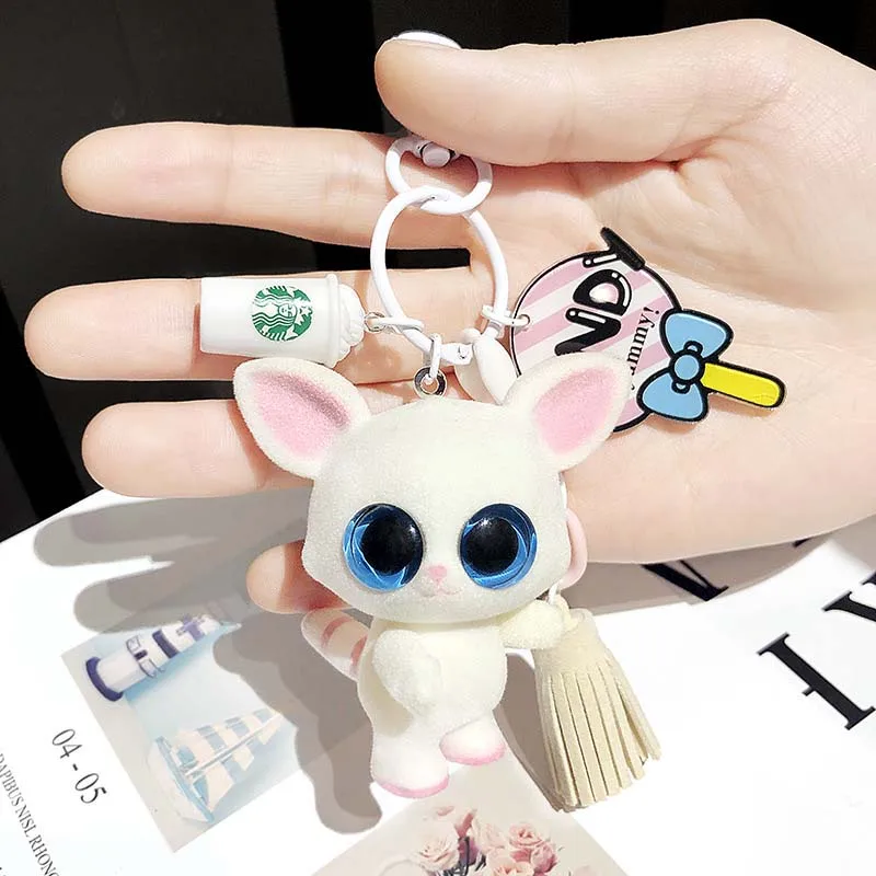 

Genuine Creative Cartoon Little Yellow Chicken White Fox Flocking Doll Keychain Female Cute Car Bag Keychain Pendant