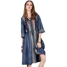 Luxury Women Dress Summer new embroidered large size denim dress vintage V-neck drawstring dress elegant casual drawstring distressed denim dress
