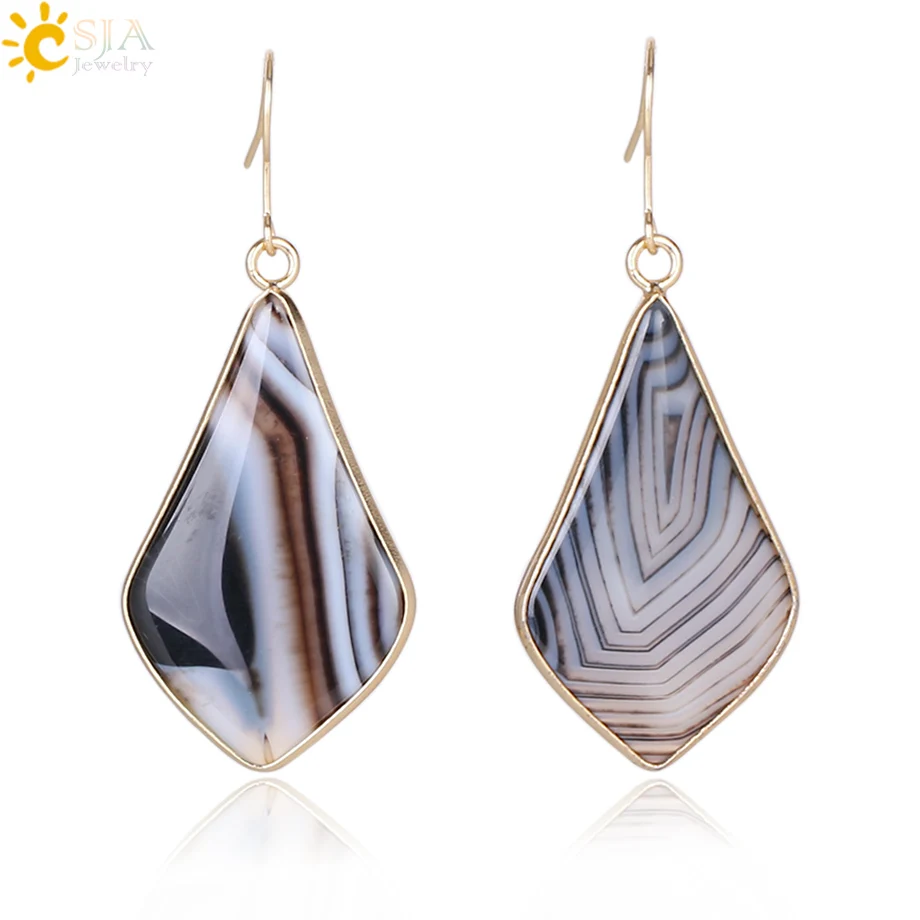 

CSJA Dangle Earrings for Women Gold Color Natural Stone Ear Pendants Black Onyx Cat Eye Water Drop Fashion Dangler Jewelry E272