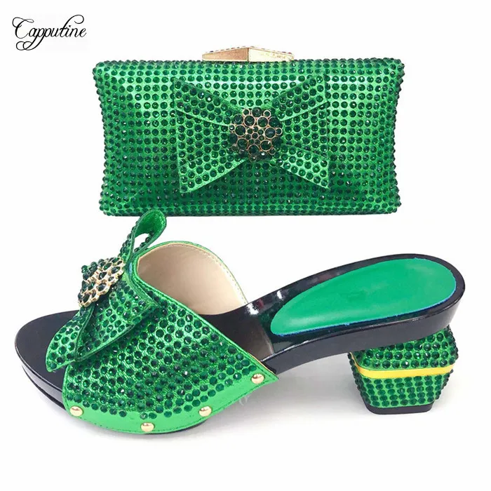 

Popular green African sandal with purse set high heel shoes and handbag set with rhinestones T1072-1 ,heel height 7.5cm