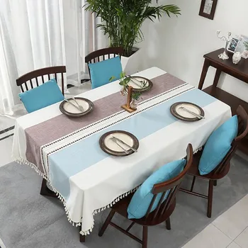 

Thick Yarn-Dyed Linen Fabric Blue Gray Strip Tassel Tablecloth Hotel Christmas Decoration Cloth for Coffee Bar Table