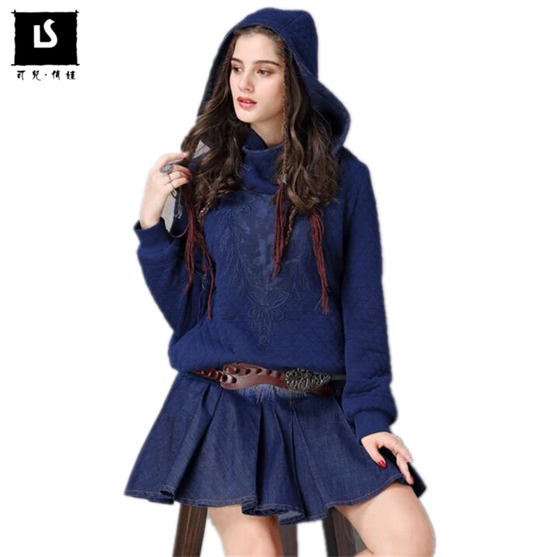 

2018 Autumn Winter Women Chic Vintage Embroidered Basic Jacket Female Vintage Outerwear Knitted Thickened Hooded Pullover Coat