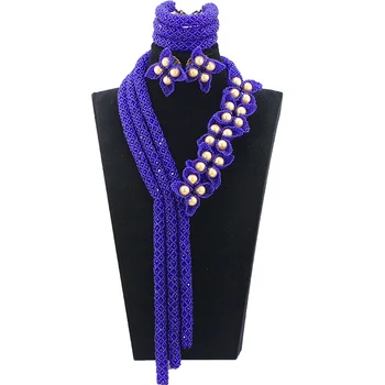 

2017 Luxury Royal Blue African Beaded Jewelry Set Nigerian Wedding Crystal Beads Bridal Necklace Set Free Shipping  HX575