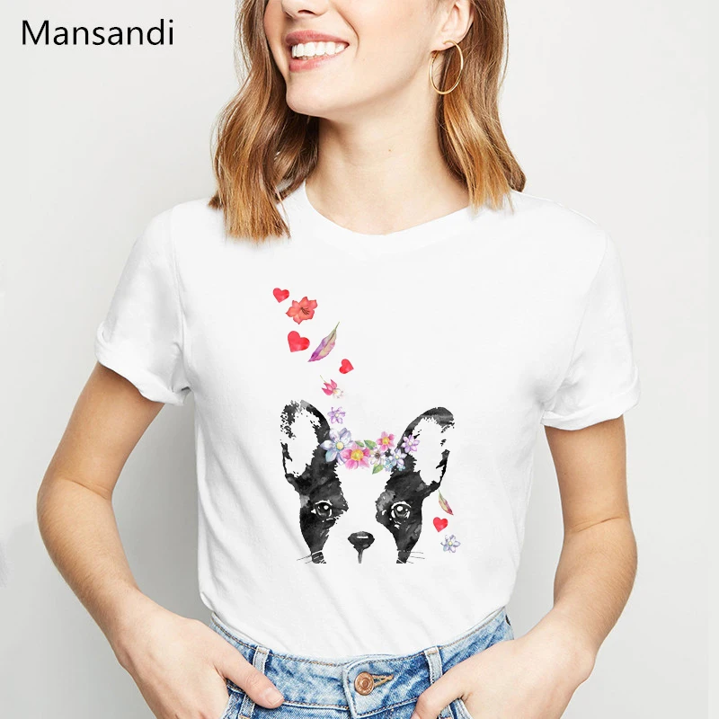 

French Bulldog flower animal Printed t shirt women clothes 2019 vogue funny tshirt femme harajuku shirt white female t-shirt