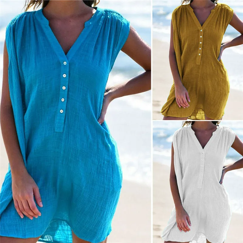 

2019 New Women V-Neck Button Down Short Mini Dress Swimsuit Cover Up Summer Beach Linen Casual Dress Sleeveless Sundress