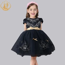 Nimble princess kids dresses for girls golden sashes bow flower appliques wedding evening ball dress