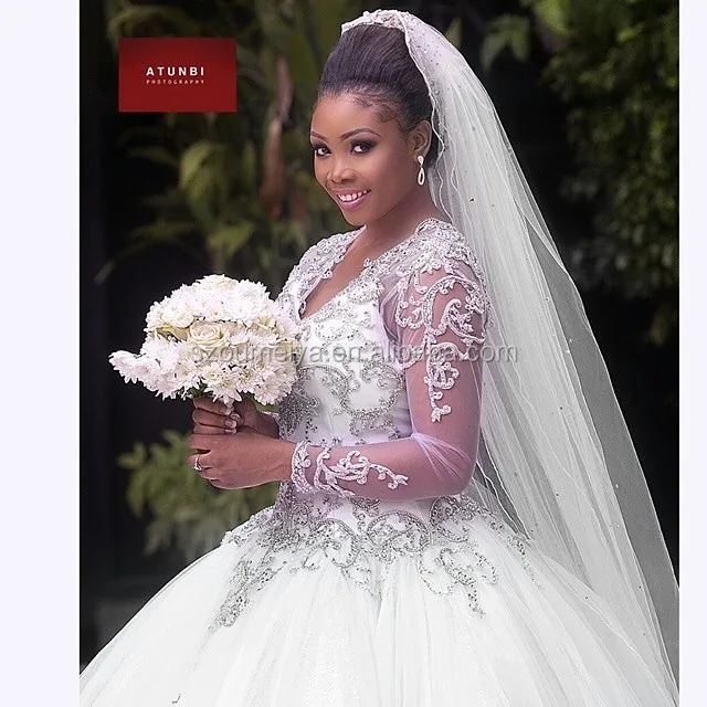 Long sleeve beaded ball gown wedding dresses with bling