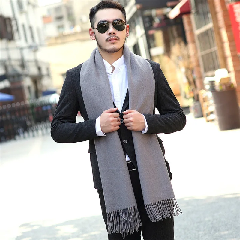 Мужской шарф, зимний кашемировый модный однотонный шерстяной шарф, очень большой шарф для мужчин и женщин, вязаная шаль с кисточками, рождественский подарок - Цвет: Серый