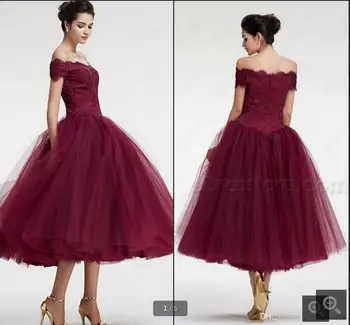 

Fashion Burgundy Off the Shoulder Ball Gown VIntage Lace Prom Dresses Tea Length Charming Puffy prom gowns best selling